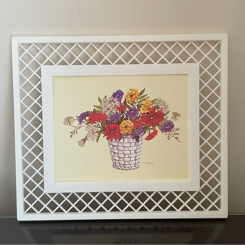 Vintage Olivia Jane Williams Signed Lattice Framed Art Print MCM Shabby Chic 70s
